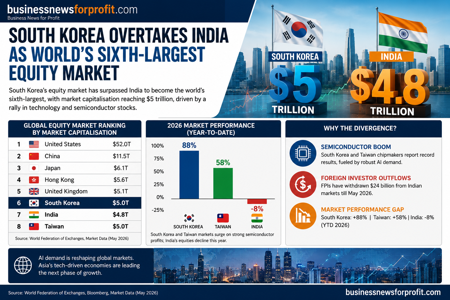 South Korea Overtakes India as World's Sixth-Largest Equity Market