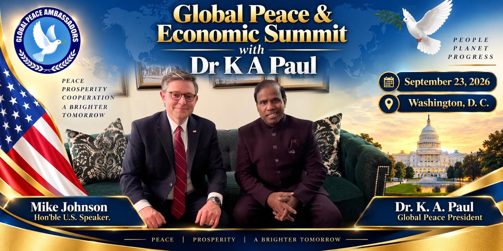 Global Peace and Economic Summit in Washington to Feature Mike Johnson and Dr. K. A. Paul